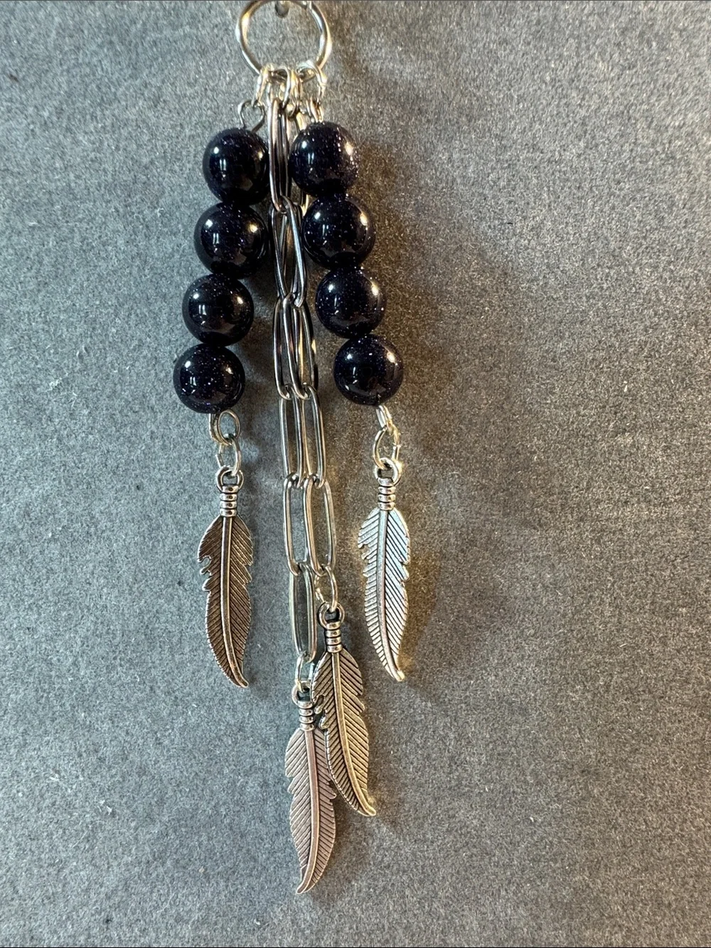 SilverTone  Feather Charm Drop Key or purse Charm with Black Beads